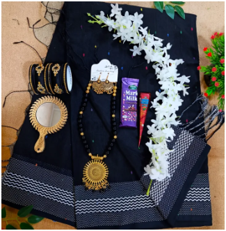 Exclusive Saree Combo Gift Set - Saree Bangles Necklace Earrings Mehedi Mirror Chocolate Gazra etc