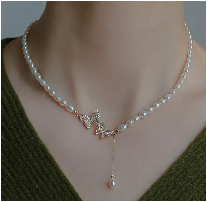 Double Butterfly Pearl Necklace Choker