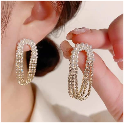 Oval Shape Shiny Rhinestone Faux Pearl Earrings